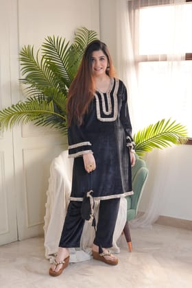 Meerza Black Velvet Plazo Set With Potli-L