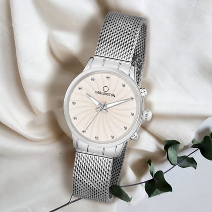 Carlington Elite Ladies Self Adjustable Mesh Strap Water Resistant Analog Watch - For Women CT2017-Silver