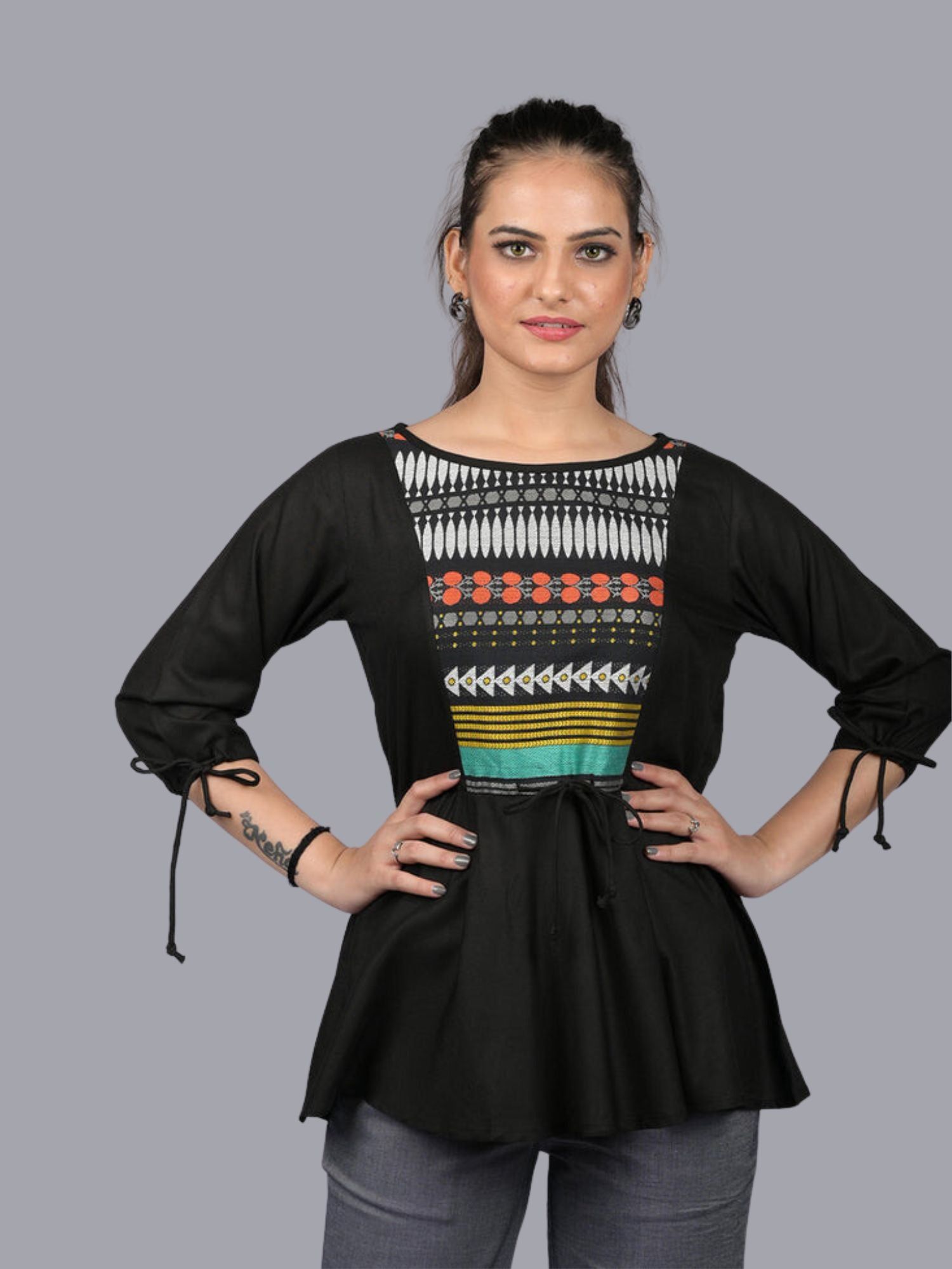 cotton top for women party wear and stylish and trending tops Black Front Patch Work Tunic Style Top (OTL-TPS1097)-Black / S