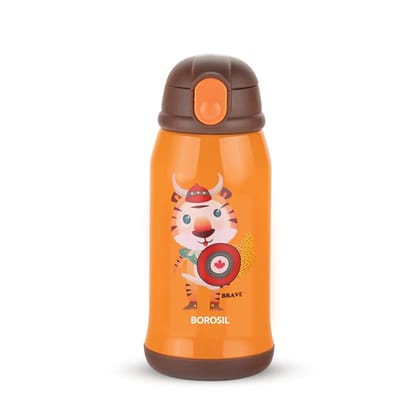 Borosil Tigry 500 ml Stainless Steel Kids Sipper Water Bottle | Double Wall Vacuum Insulated Flask | 12 Hours Hot & Cold | 1 Year Warranty, Orange