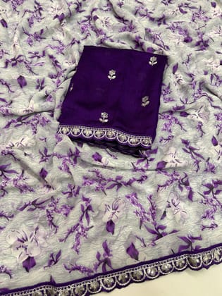 New Rangoli Silk White n Purple Color Print n Lace Border Work Saree With Embroidered Blouse Piece