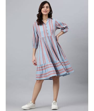 Janasya Cotton Blend Striped Knee Length Women's Fit And Flare Dress - Blue ( Pack of 1 )