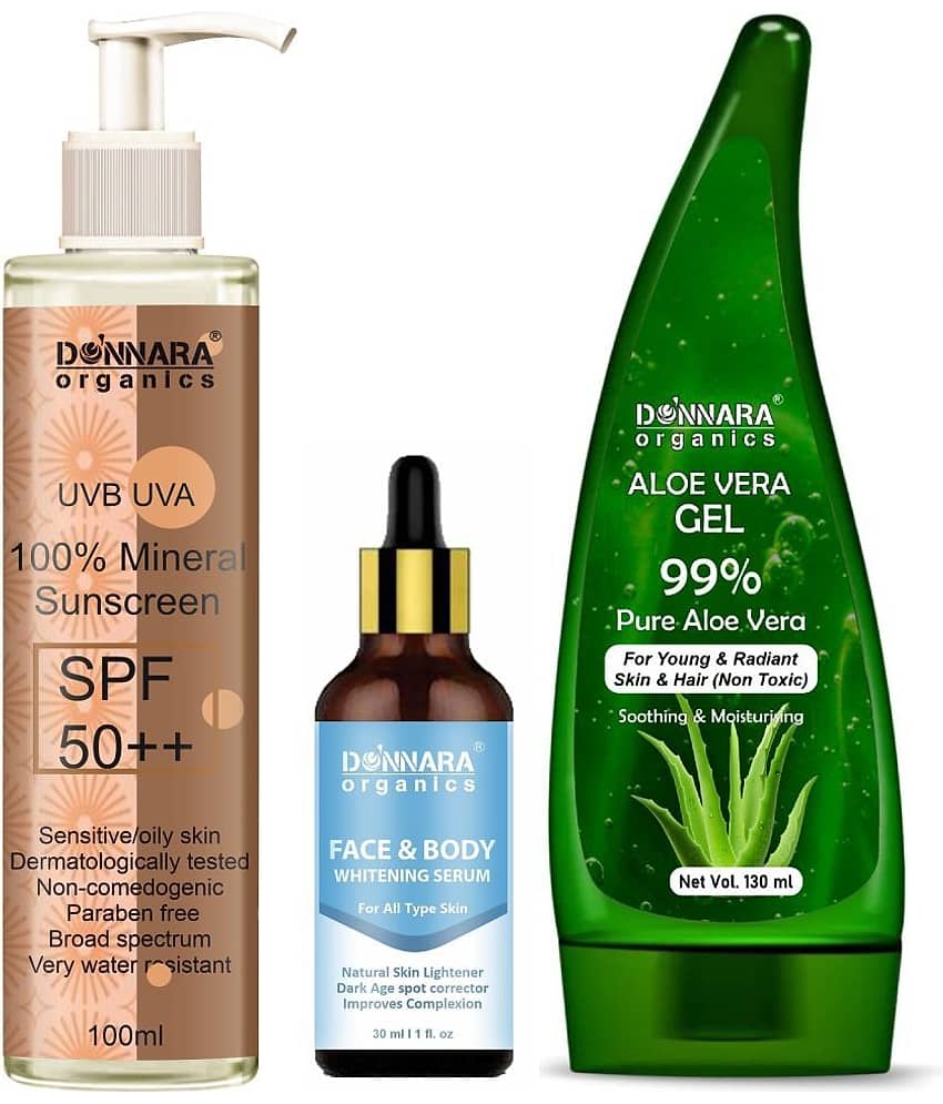 Donnara Organics 100% Mineral Suncreen Cream UVB & UVA Protection with SPF 50++ 100ml, Face and Body  Whitening Serum 30ml & Natural Aloe Vera Gel 130ml - Combo of 3 Items