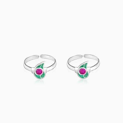 Silver Pink Stone Beautiful Leaf Toe Rings