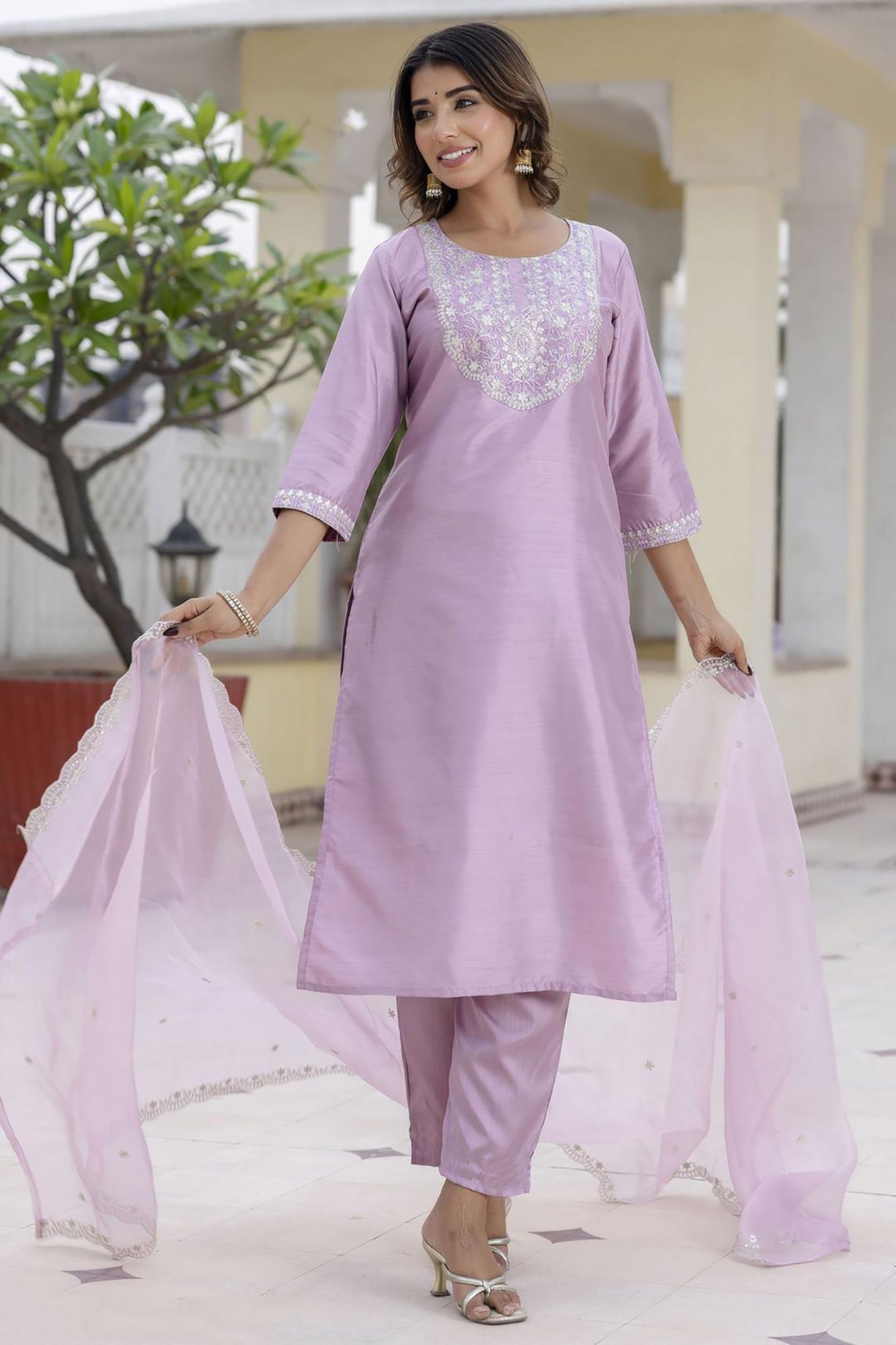 Womens Kurta Pent Dupatta Set Baby Pink Resort Suit