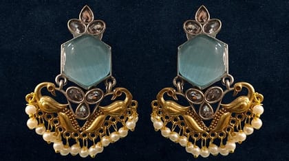 Peacock Motif Hexagonal Stone Earrings (Blue & Gold) | Vintage Ethnic Charm | Festive & Wedding