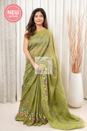 Embroidered Banswara Linen Silk Saree - Green