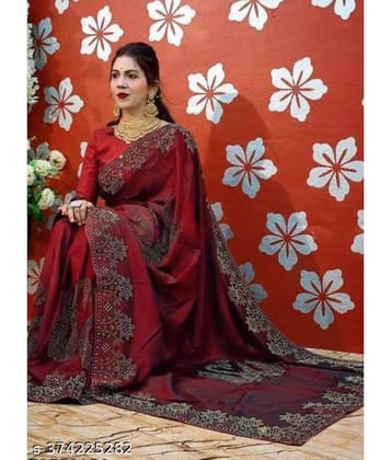 Shivadit ethnic Georgette Applique Saree With Unstitched Blouse Piece ( Maroon )