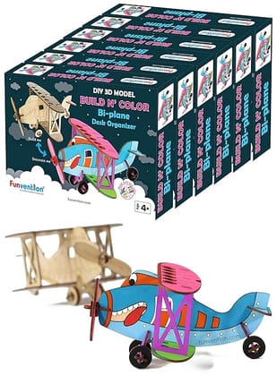 Funvention Bi-Plane - 3D Coloring Model (Pack of 6) - DIY Desk Organizer Pen Stand - STEM Leanring 3D Puzzle Toy - Art, Coloring and Painting Kit for Kids - Birthday Return Gift, Party Pack for Kids