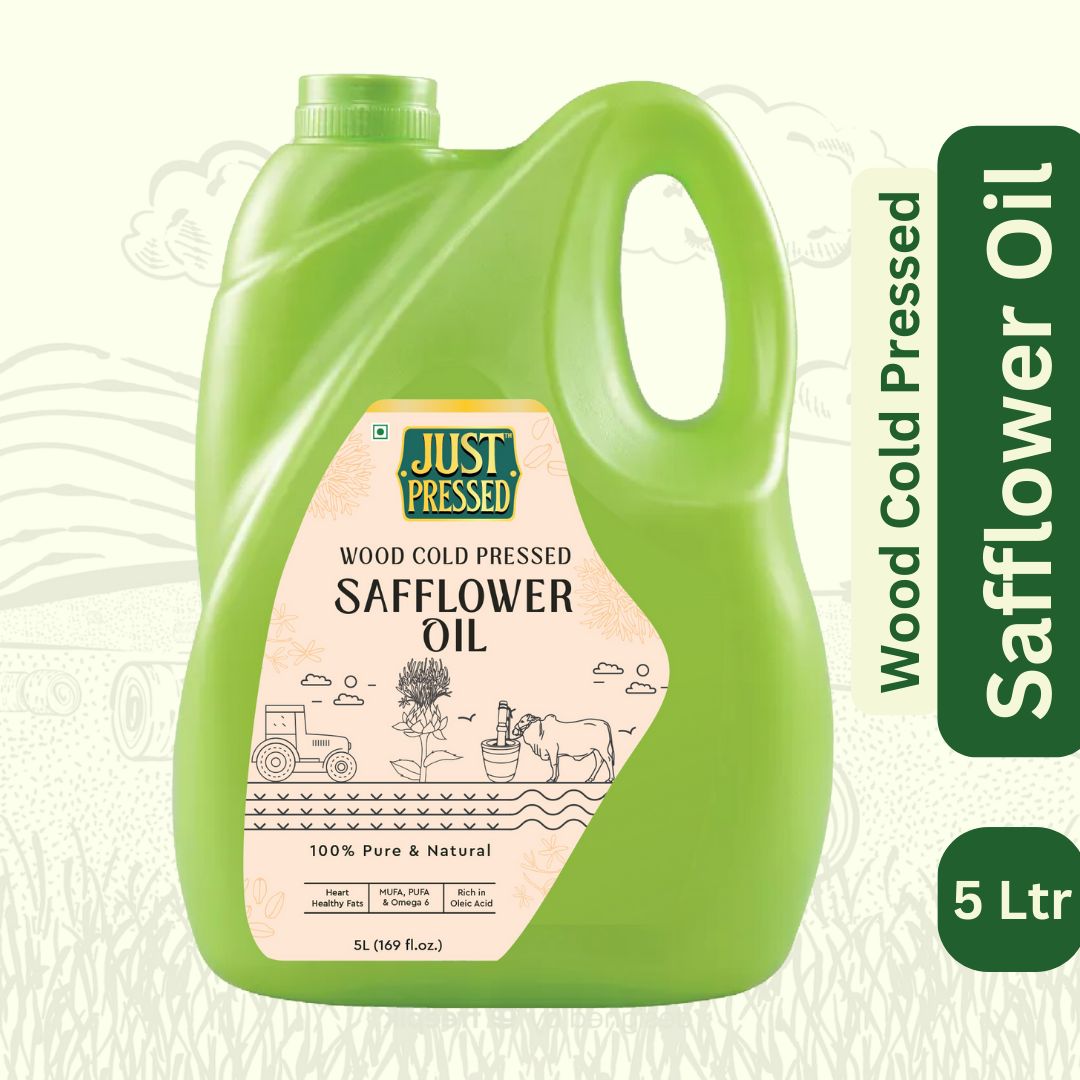 Just Pressed Cold Pressed Safflower Oil 100% Pure Safflower Kusum Saffola Oil | Unrefined & Zero Additives | Healthy Heart Oil | Saffola Hero Ingredient | Kachi Ghani Oil | Wood Cold Pressed Oil | 5 litres