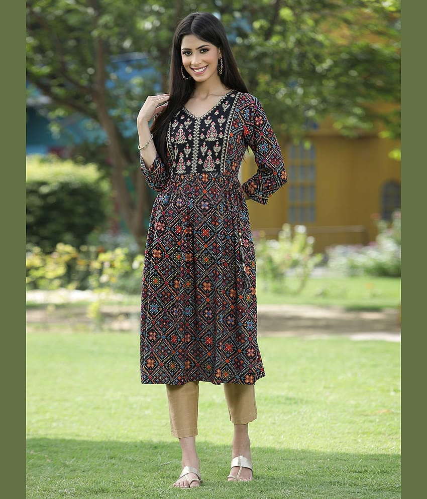 Juniper - Black Rayon Women's Flared Kurti ( Pack of 1 )