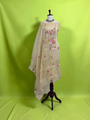 Handwoven Kota Doria Dress Material with Hand Embroidery, Biscuit Beige
