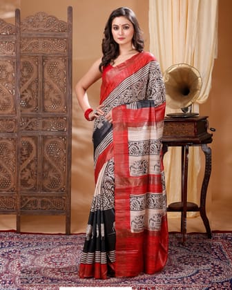 Silkmark Tussar Bright Blockprint Black & Cream Saree
