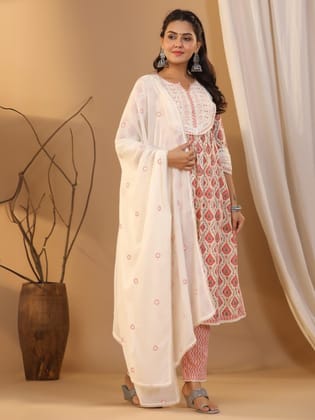 Red And White Printed Dupatta Set-38