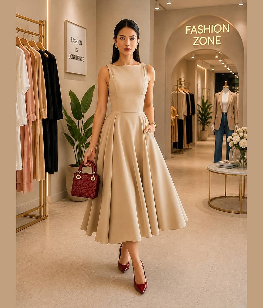Kashian Women Georgette A-line Dress ( Beige )