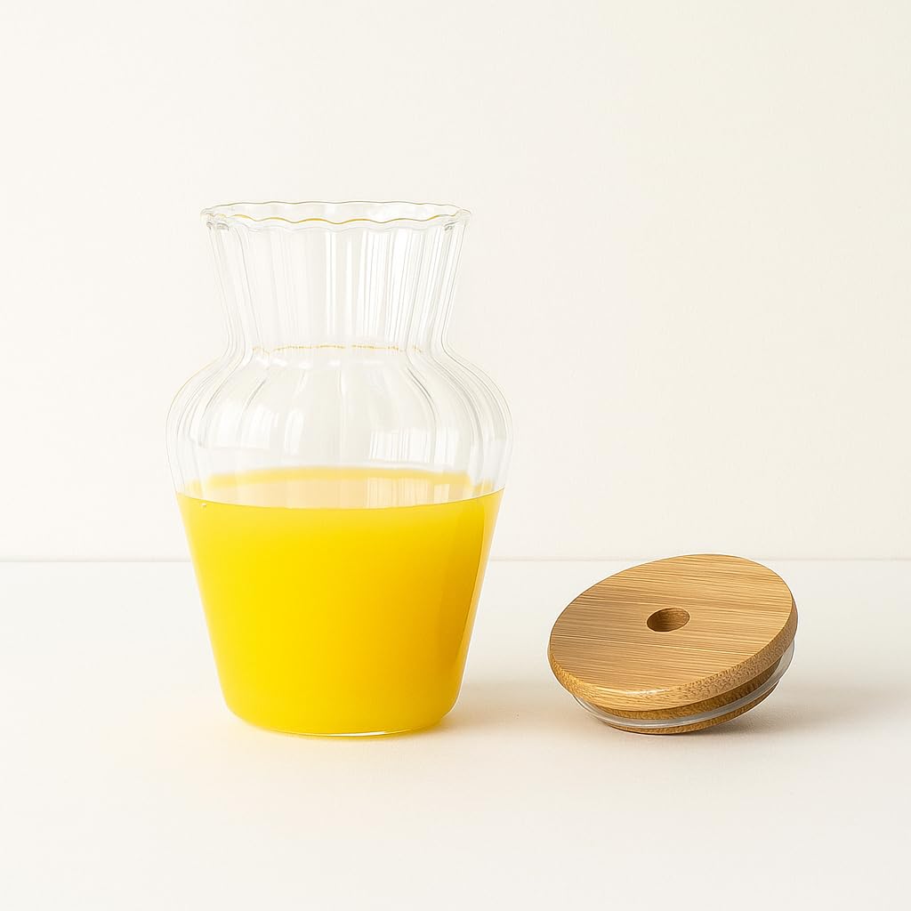 Juice & Water Sipper with Bamboo Lid and Straw, 440 ML, Set of 1, Glass Tumbler for Milkshakes, Coffee, Falooda and Mix Drink, Drinking Jar for Home, Office, Restaurant