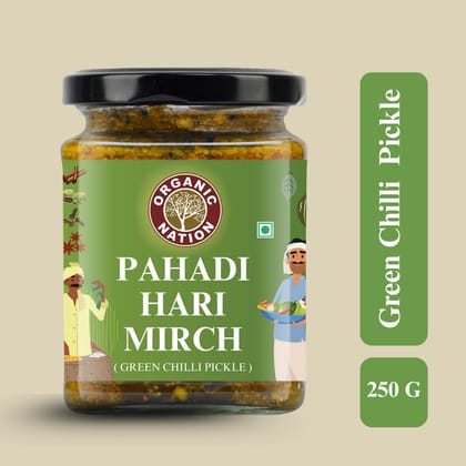 Organic Nation Green Chilli Pickle � Pahadi Hari Mirch |Homestyle Indian Pickle | Authentic Traditional Taste | No Preservatives | 250g
