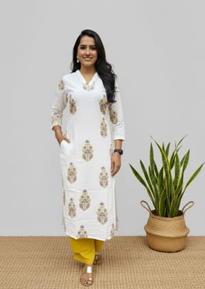 Rivaaj Ethnic Mughal Butta Kurta (M) | White & Yellow Sanganeri Handblock Cotton | Traditional Wear | V-Neck Design