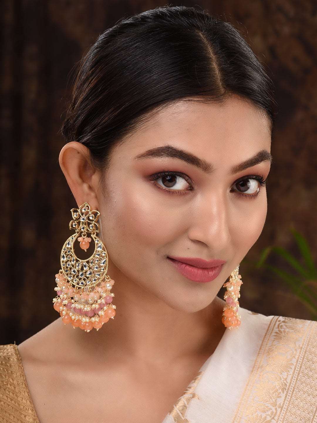 Gold Plated Orange Kundan studded & Beadded modern Chandballi Earrings