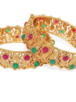 Traditional Set of 2 Ruby Matte Gold Kada