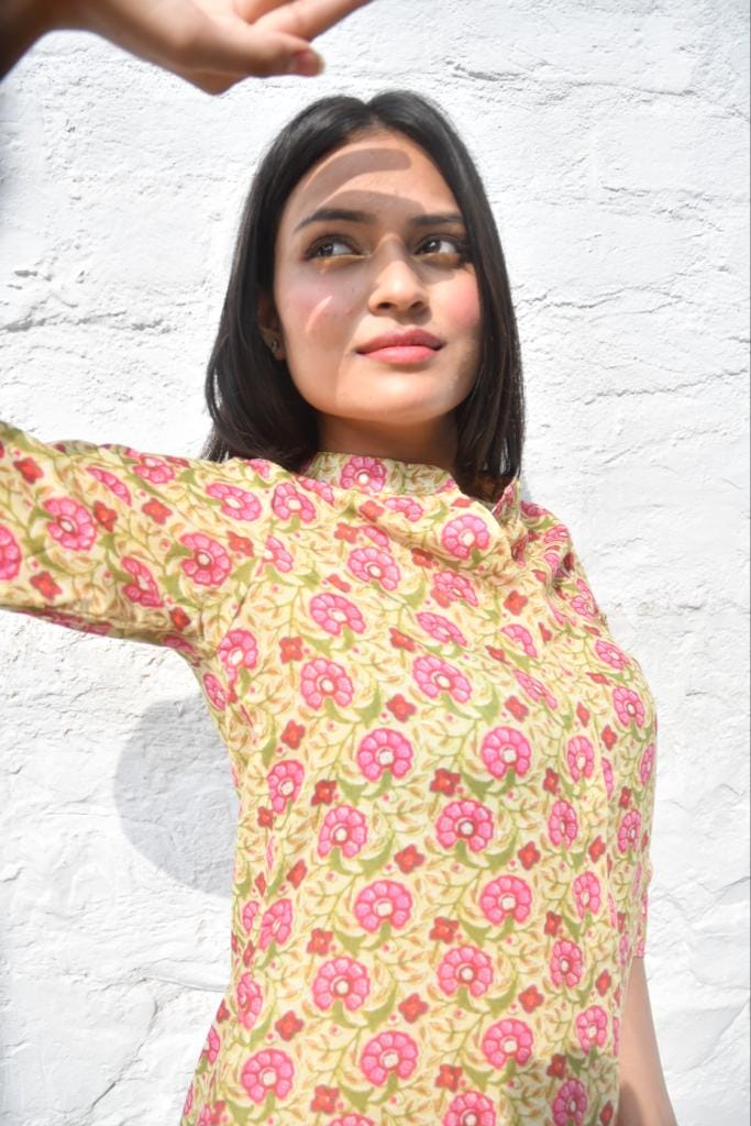 Mustard Green Co-Ord Set,Floral Print, Soft Cotton