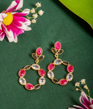 Ruby & Rose Quartz Gold-Plated Earrings-Brass with gold
