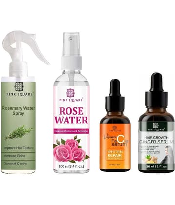 Rosemary Water Hair Spray 100ml, Rose water for Cleansing 100ml, Vitamin-C Serum 30ml & Hair Growth Serum 30ml Combo of 4