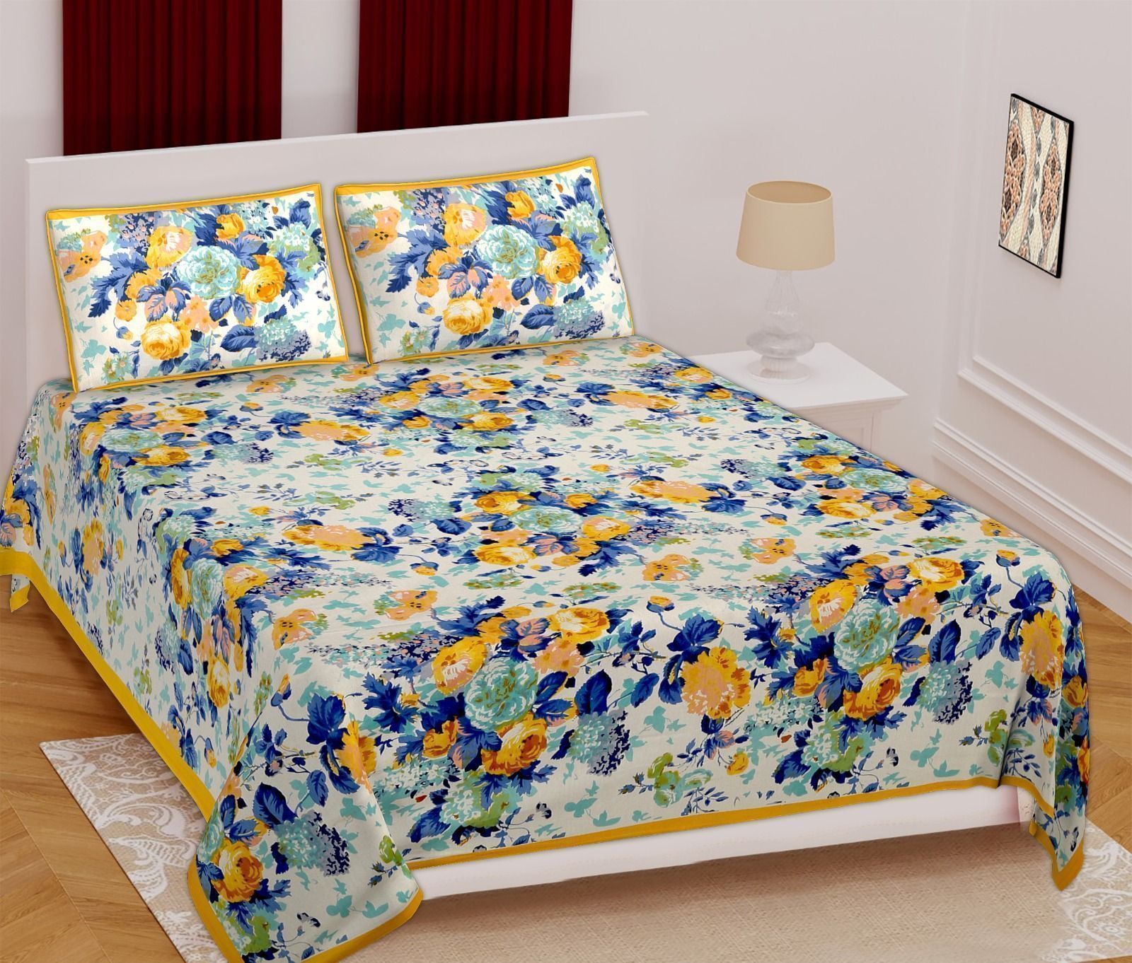 3001-Hometrade India-Standard King Size (90*108 Inches)-Pure Cotton Jaipuri Double Bedsheet With Matching Pillow Cover