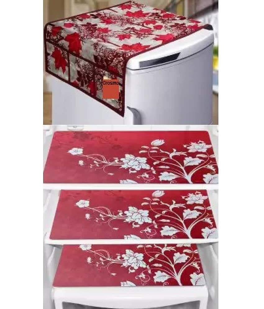 Crosmo Polyester Floral Printed Fridge Mat & Cover ( 64 18 ) Pack of 4 - Red