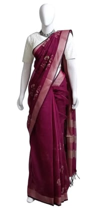 Saura Art Cotton Saree Wine Burgundy Tribal Figure Buti