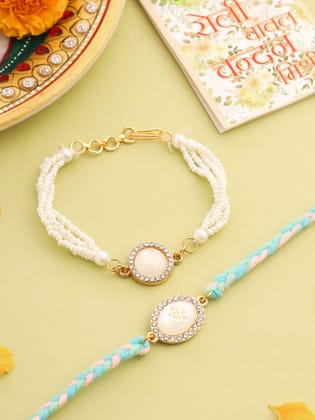 NVR Set of 2 White Pearls & Artificial Beads Bhaiya Bhabhi Rakhi with Roli Chawal Chandan & Mishri-One Size / White