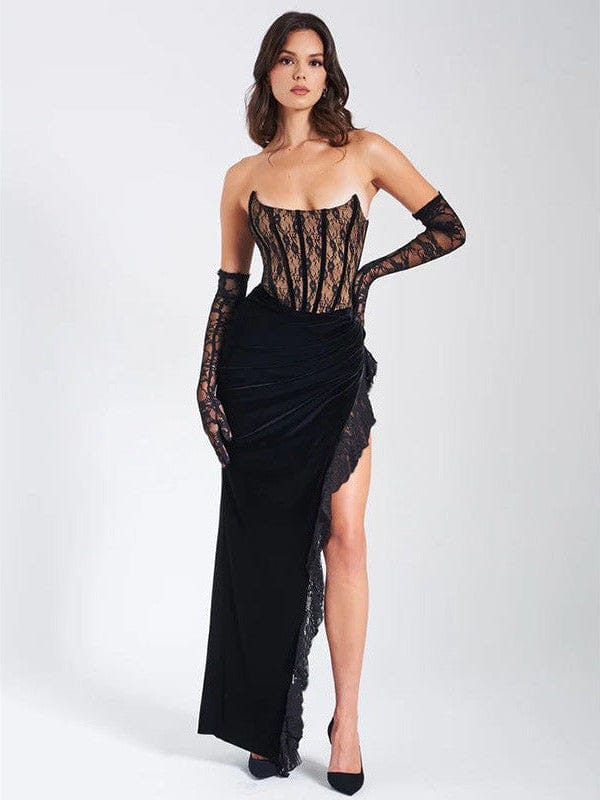 Lace Velvet Stitching Tube Top Split Dress-S / Black