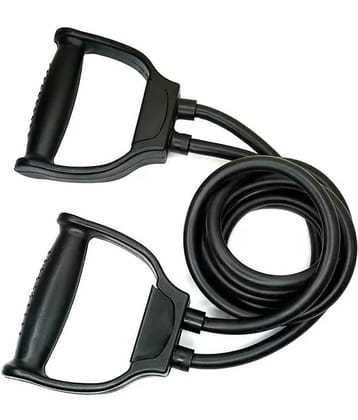Premium Double Toning Resistance Tube Pull Rope Elastic Rubber Exercise Band for Stretching, Workout, Home Gym and Toning with Heavy Quality D Shaped Handles (Black), Pack of 1