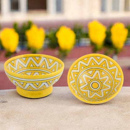 Handcrafted Yellow and White Round Blue Pottery BowlsSet of 2Geometric Pattern6