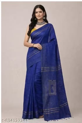 Royal Blue Handloom Cotton-Blend Jamdani Saree with Gold Zari Geometric Motifs & Stripes Royal Blue Handloom Cotton-Blend Jamdani Saree with Gold Zari Geometric Motifs & Stripes