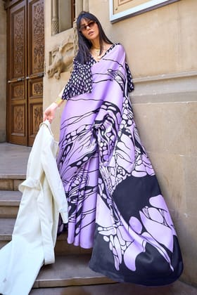 Purple Digital Print Satin Saree