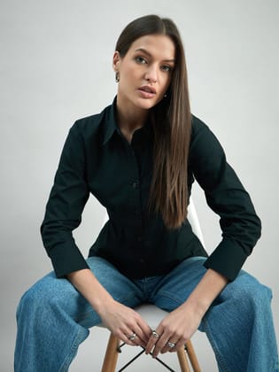 Feminine Classic Button-Down Black Poplin Shirt-XS