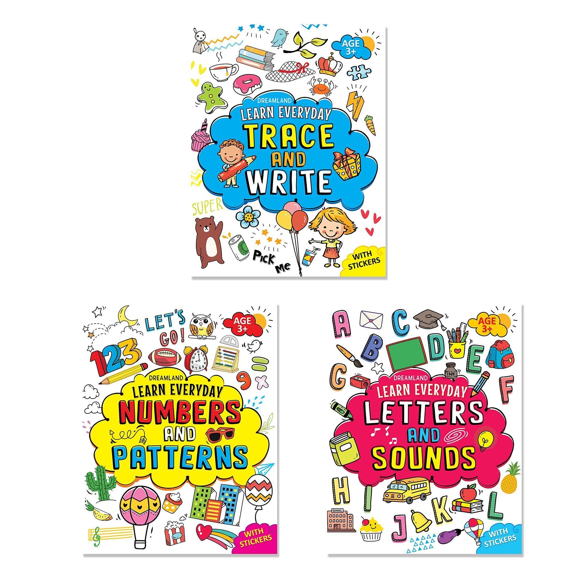 Learn Everyday Books Pack Age 3+ - A Set of 3 Books - Letters and Sounds, Numbers and Patterns, Trace and Write Dreamland Publications