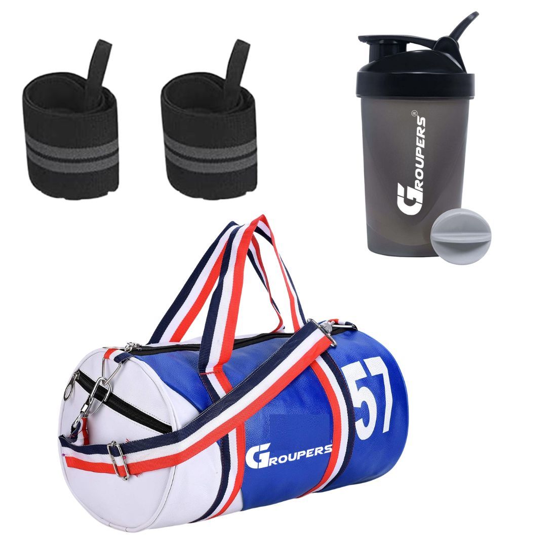 GROUPERS Duffle PU Leather Bag with Shaker Bottle-400ml & Wrist Bandl (Blue White)