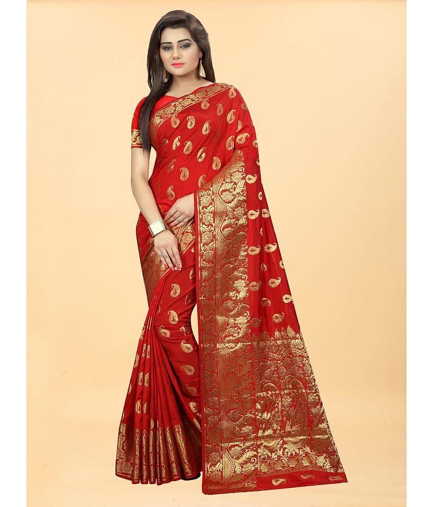 Gazal Fashions Banarasi Silk Embellished Saree With Unstitched Blouse Piece ( Red )