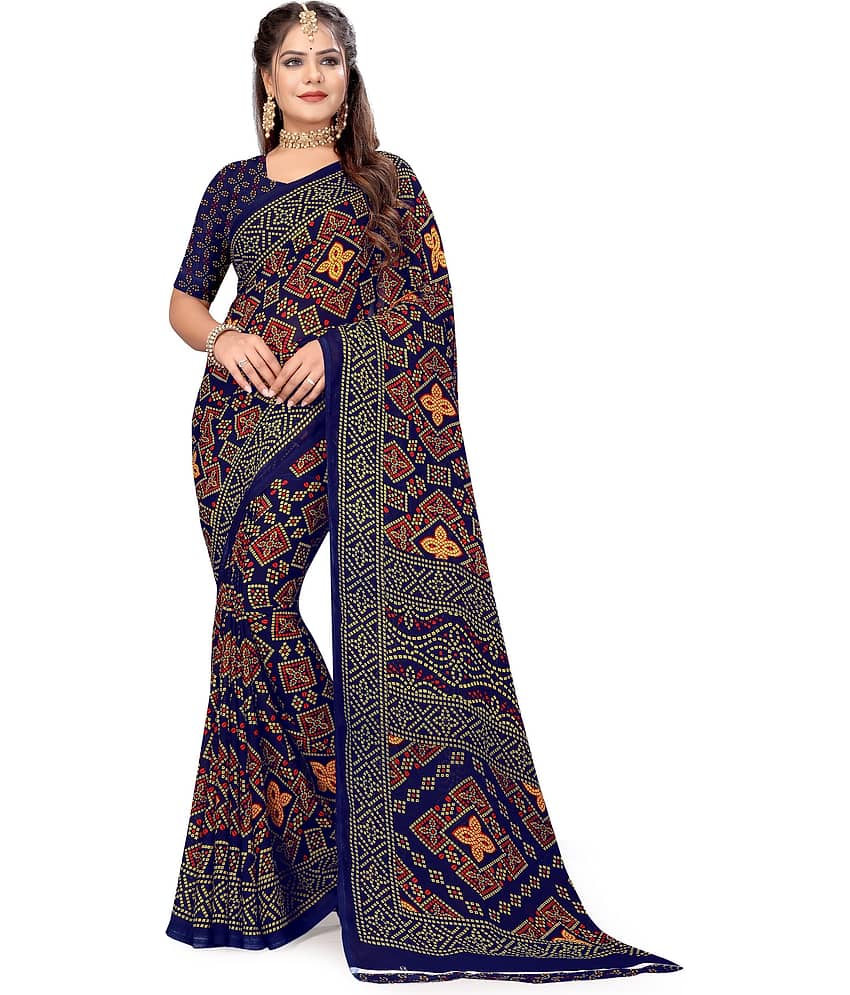 LEELAVATI Georgette Printed Saree With Unstitched Blouse Piece ( Navy Blue )