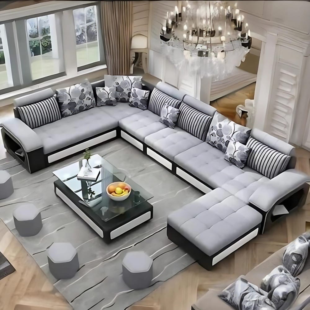 Starlet Furniture U Shape Sofa Set for Living Room 9 Seater Fabric Sofa Set with Tea Table & 4 Puffy 9 (Black)
