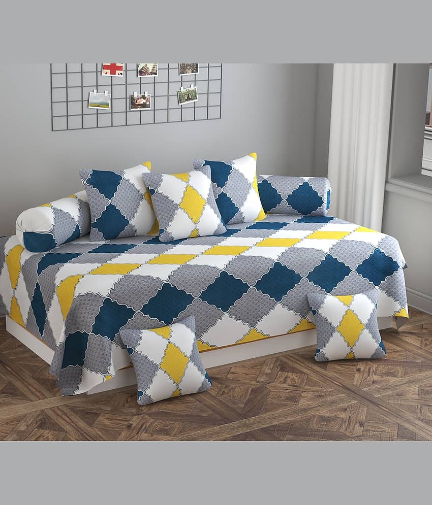 SHOMES Cotton Geometric Diwan Set 8 Pcs - Yellow