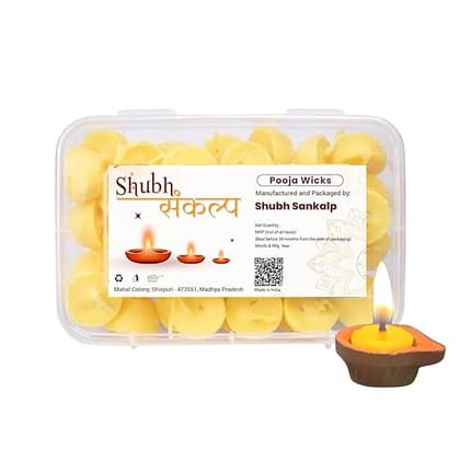 Shubh Sankalp Pure Cow Ghee Wicks for Pooja & Aarti | 100 Wax-Free Ready-to-Use Vegan Diya Battis | Ideal for Homes, Temples, and Offices | 30 Min Burning Time (Pack of 1, 100 Pieces)