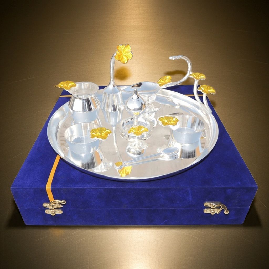 Brass And Steel Puja Thali Set With Valvet Box (BMAS298 D)