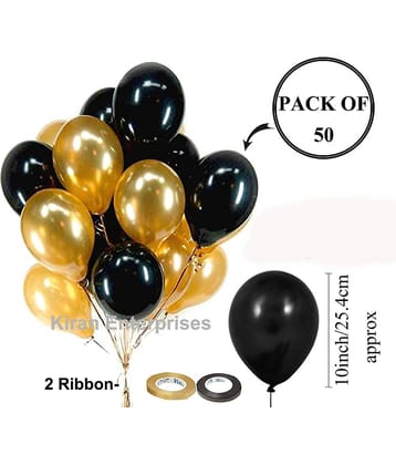 Kiran Enterprises 50 pc. Metallic Balloon ( Black, Gold ) + 2 Ribbon For Happy Birthday Party Decoration