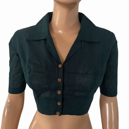 South Cotton Shirt Collar Blouse with Wooden Button Details  , Teal Green , BH1323-S