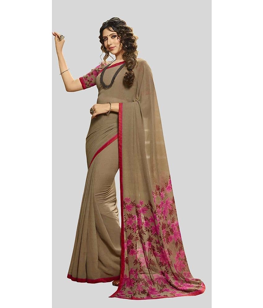 Gazal Fashions Chiffon Printed Saree With Unstitched Blouse Piece ( Khaki )