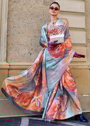 Flowery Blue Satin Crepe Print Saga Saree