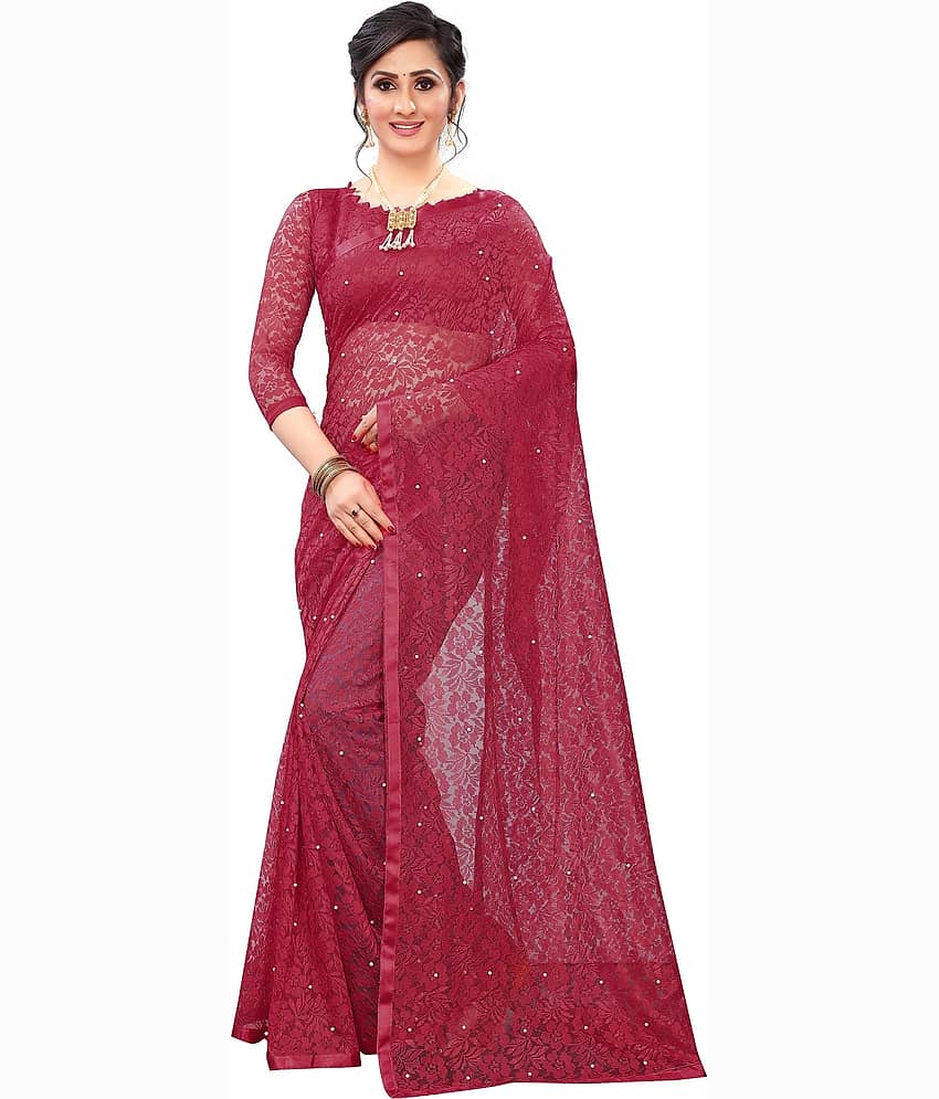 Indy Bliss Net Saree With Unstitched Blouse Piece ( Maroon )